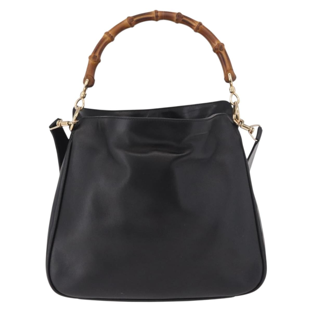 GUCCI Bamboo Hand Bag Leather 2way Black Gold 001 3444 Auth 191028