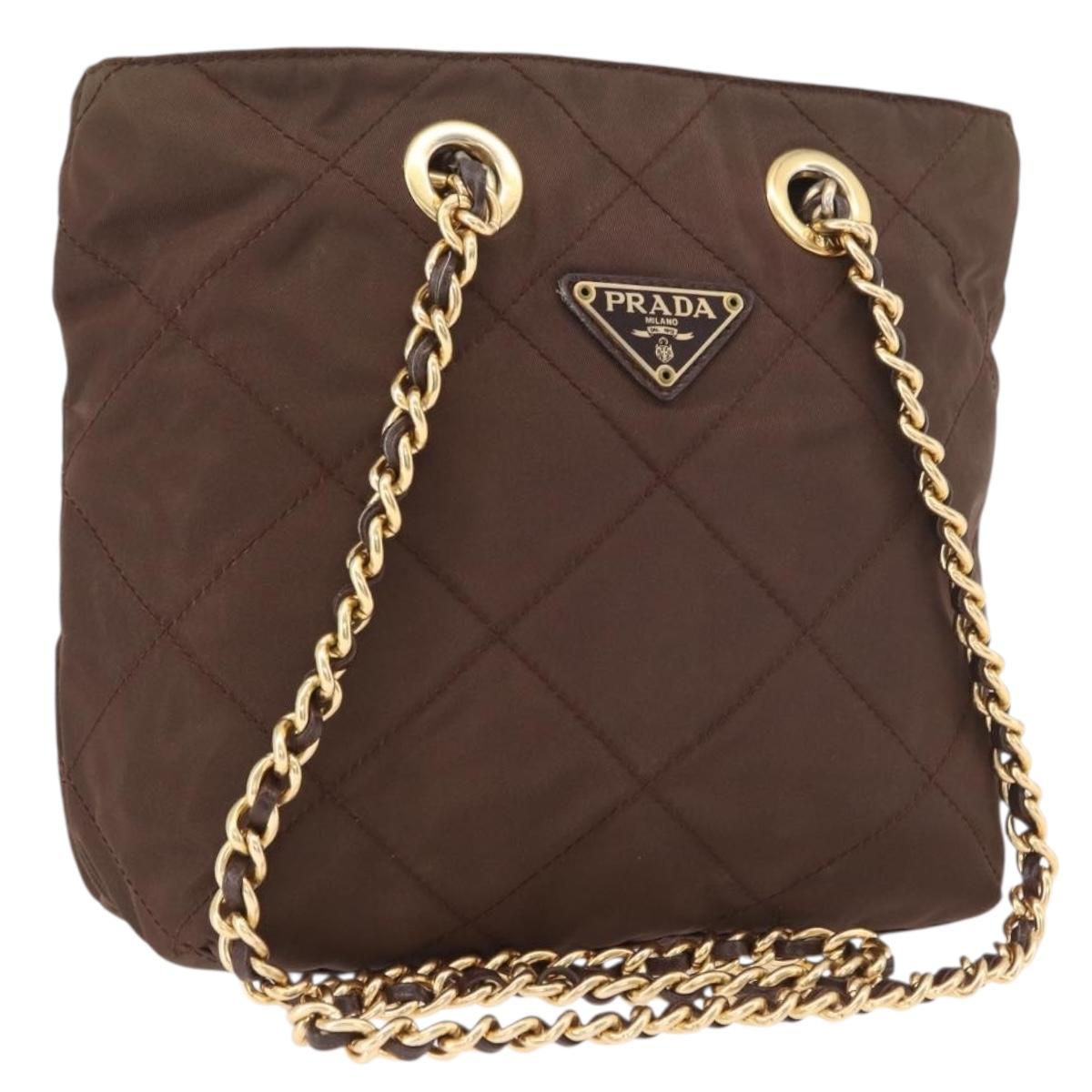 PRADA Nylon Chain Shoulder Bag Khaki Gold Auth 191031