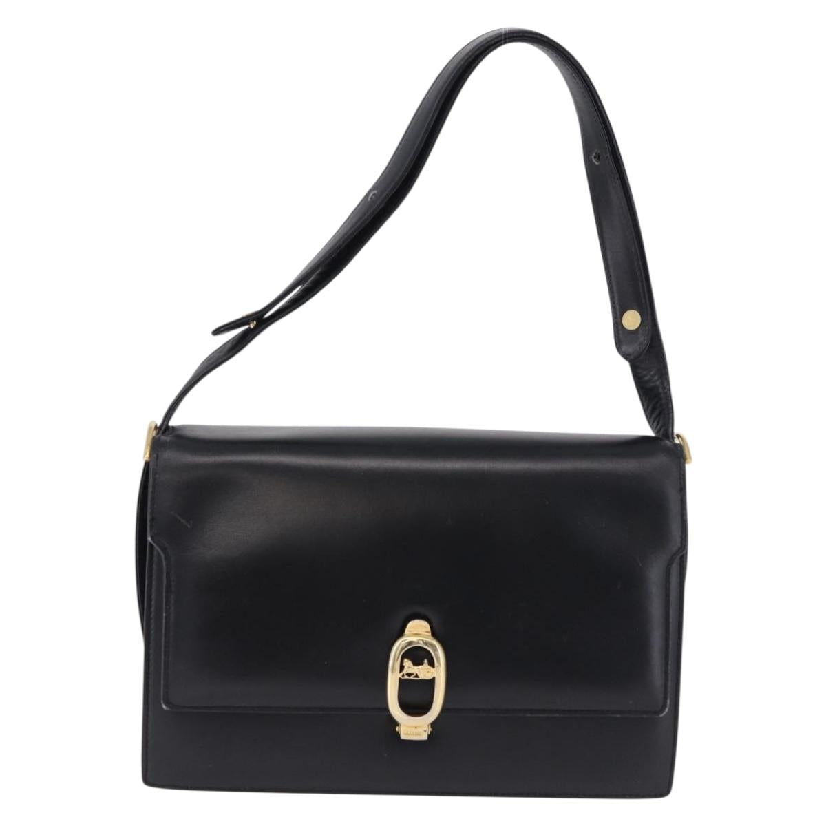 CELINE Shoulder Bag Leather Black Gold Auth 191038