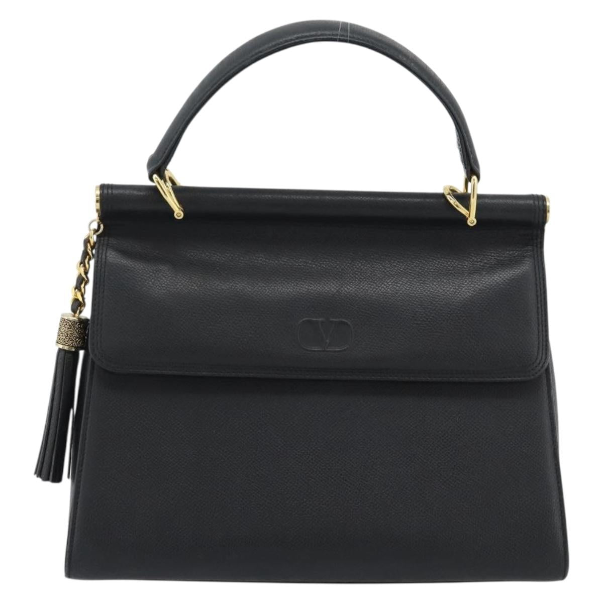VALENTINO Hand Bag Leather Black Gold Auth 191042A
