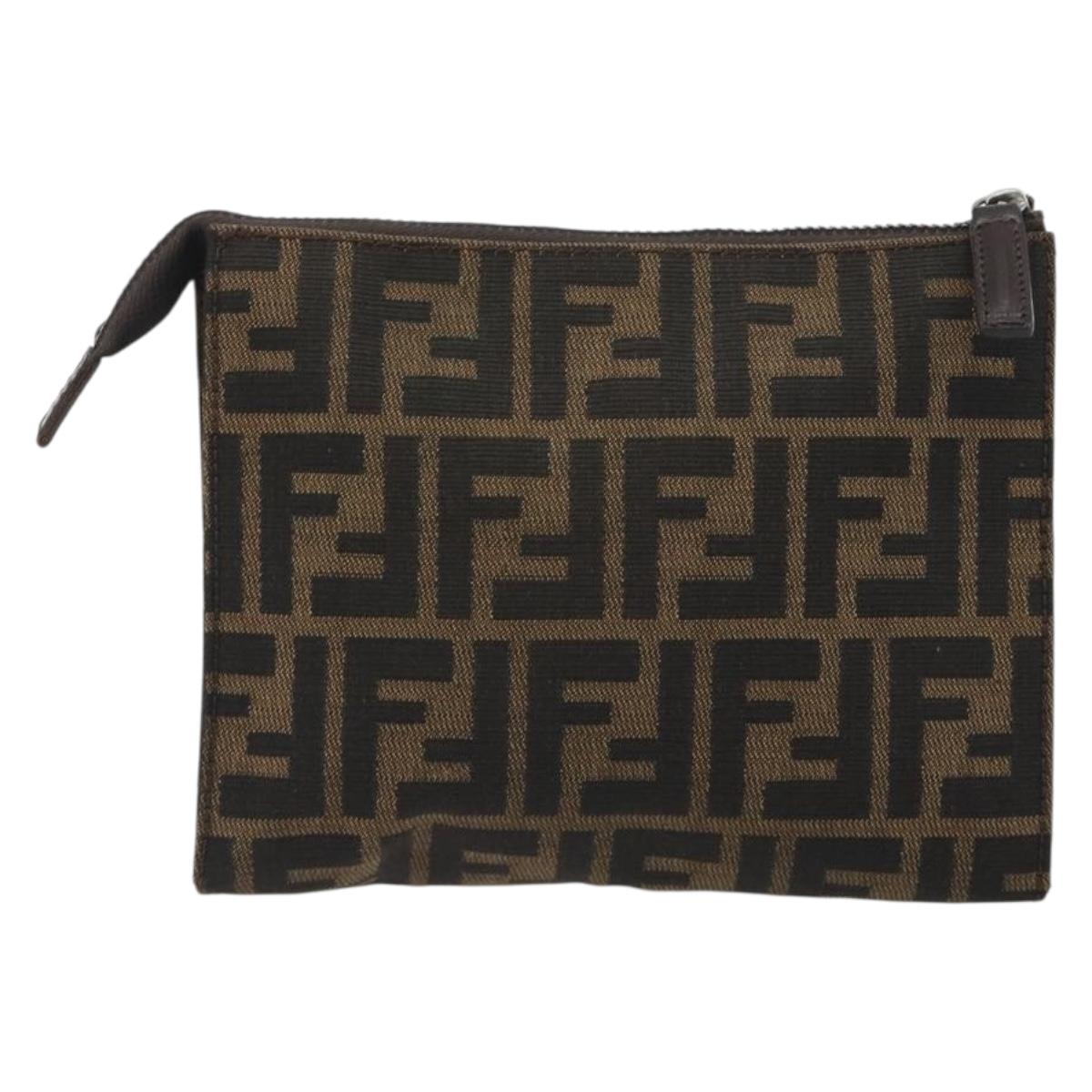 FENDI Zucca Canvas Pouch Black Brown Auth 191070