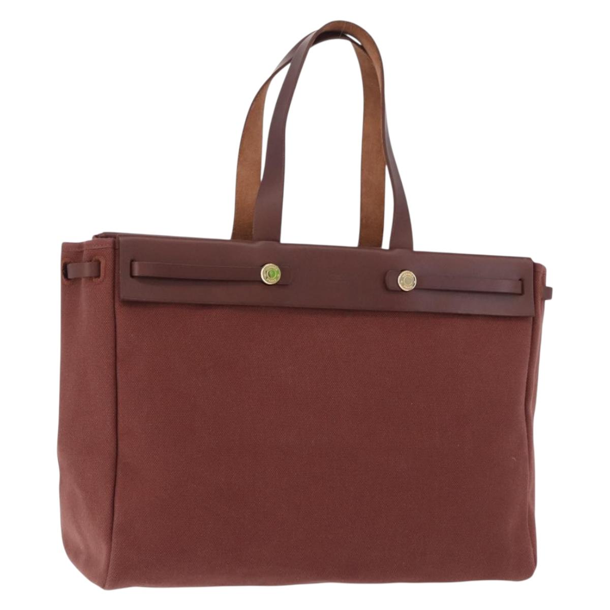 HERMES Herbag Cabas Hand Bag Canvas Leather Bordeaux Gold Auth 191077A