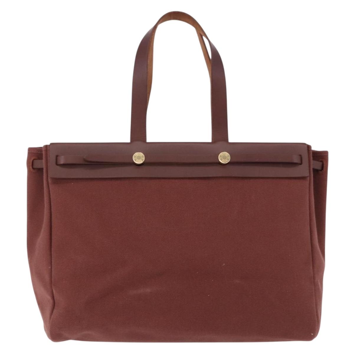 HERMES Herbag Cabas Hand Bag Canvas Leather Bordeaux Gold Auth 191077A