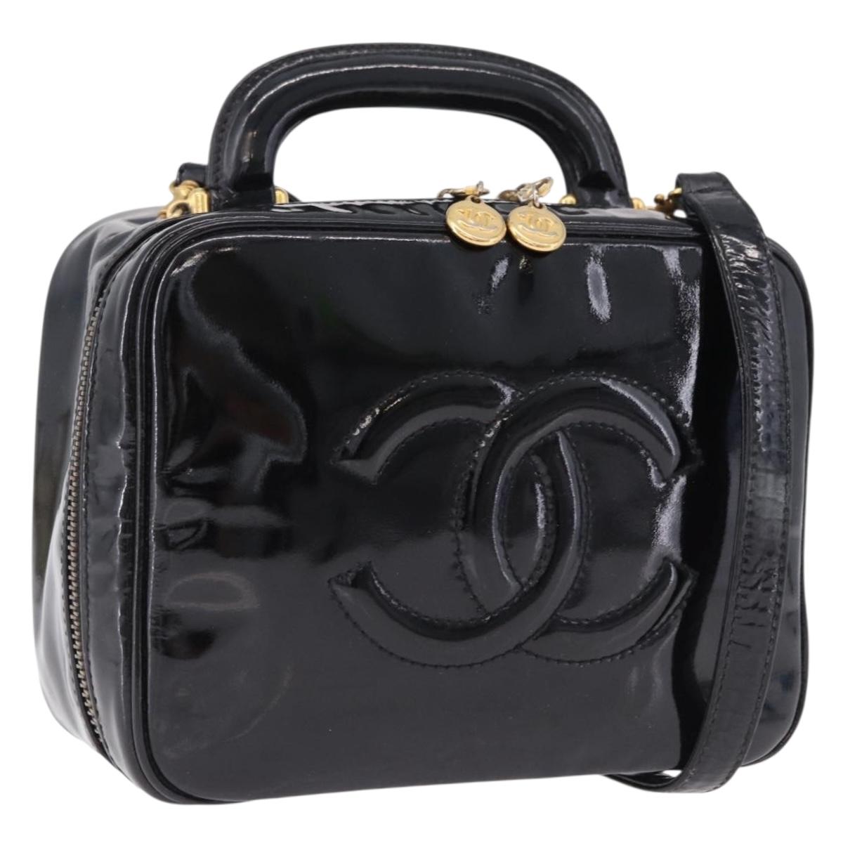 CHANEL Vanity Hand Bag Patent Leather 2way Black Gold CC Auth 191081