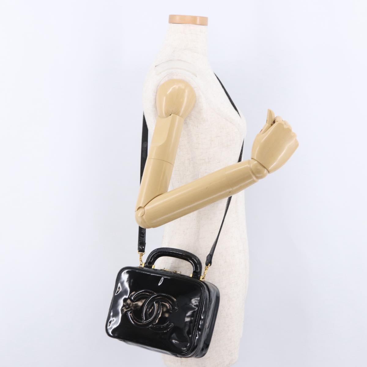 CHANEL Vanity Hand Bag Patent Leather 2way Black Gold CC Auth 191081