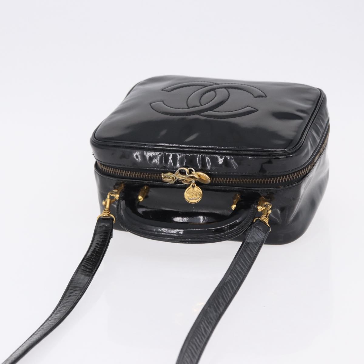 CHANEL Vanity Hand Bag Patent Leather 2way Black Gold CC Auth 191081