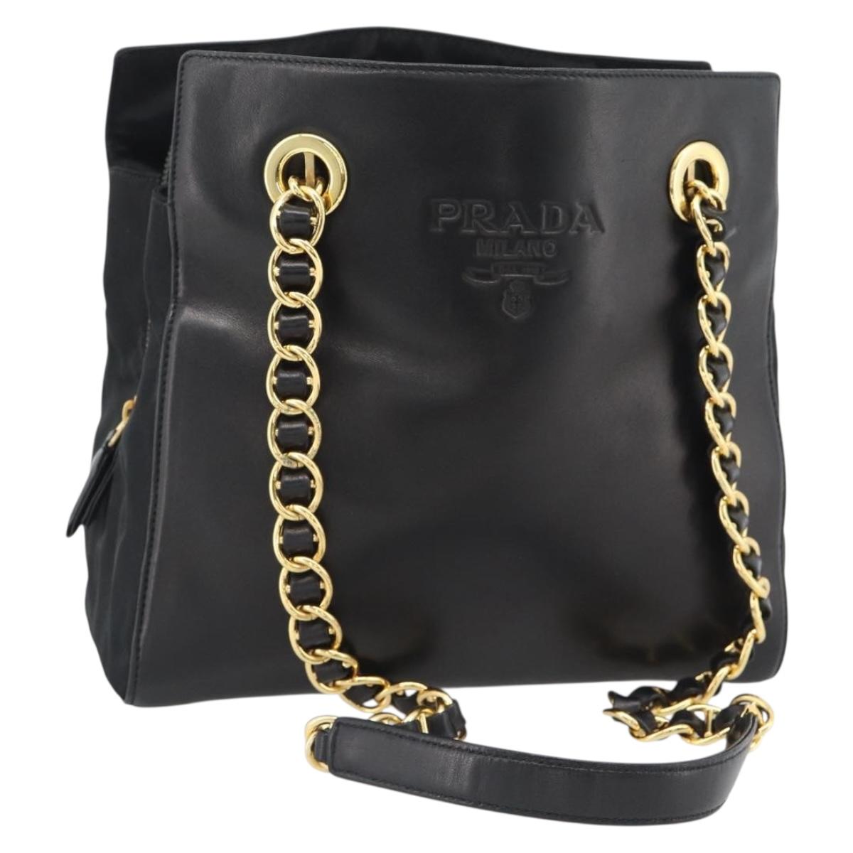 PRADA Chain Shoulder Bag Leather Black Gold Auth 191084A