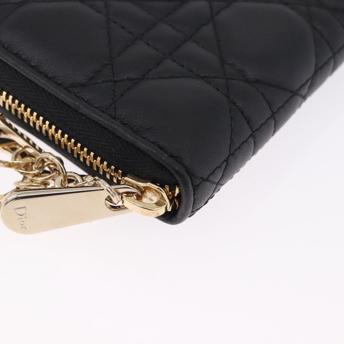 Christian Dior Lady Dior Canage Long Wallet Lamb Skin Black Gold Auth 191131M