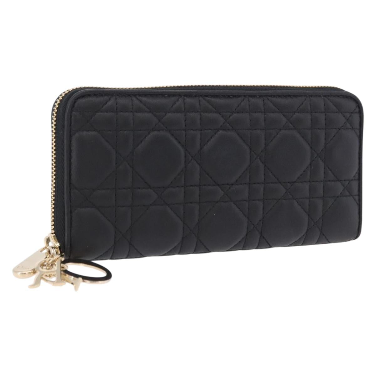 Christian Dior Lady Dior Canage Long Wallet Lamb Skin Black Gold Auth 191131M