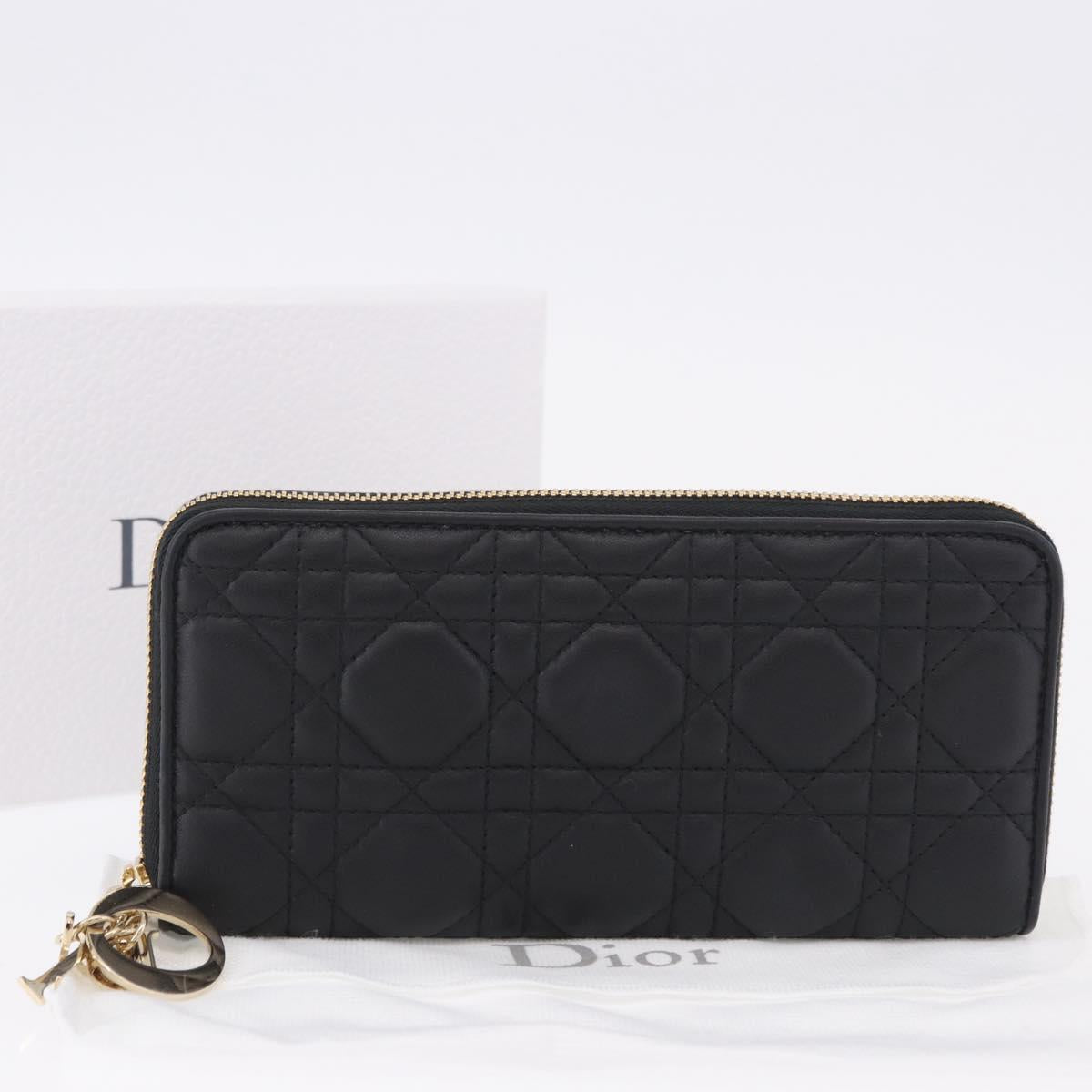 Christian Dior Lady Dior Canage Long Wallet Lamb Skin Black Gold Auth 191131M