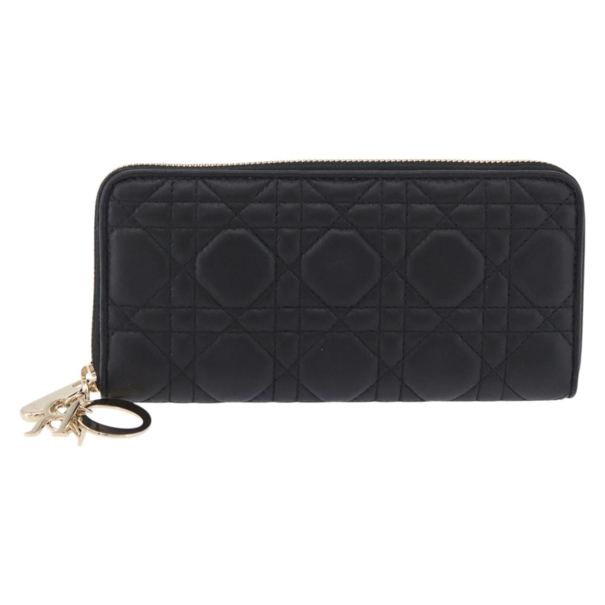 Christian Dior Lady Dior Canage Long Wallet Lamb Skin Black Gold Auth 191131M