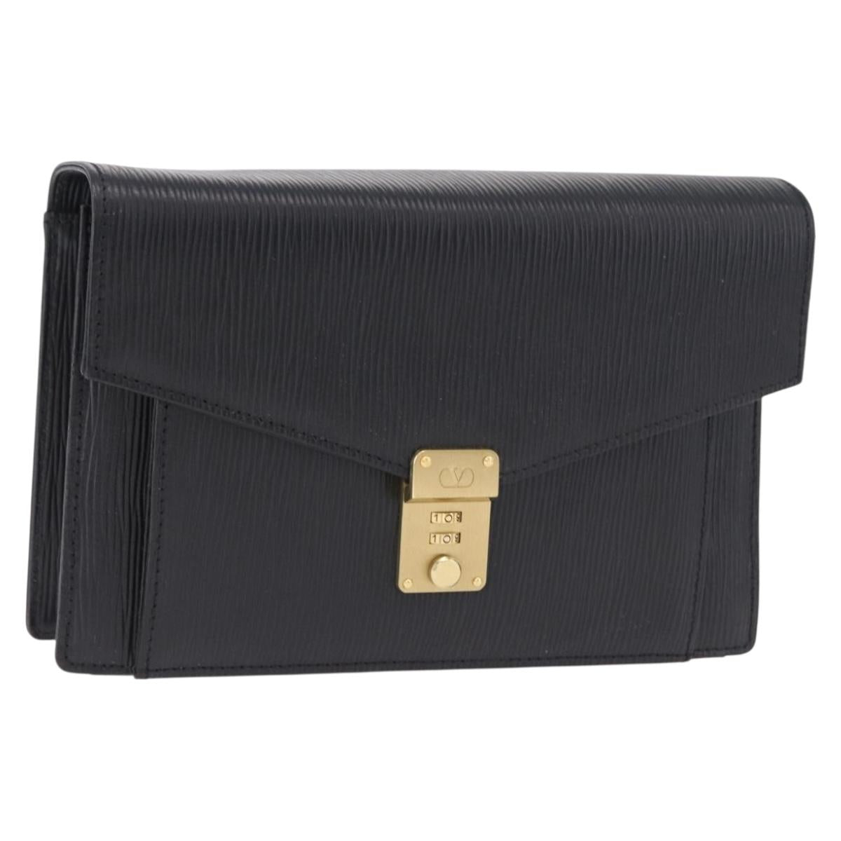 VALENTINO Clutch Bag Leather Black Gold Auth 191140