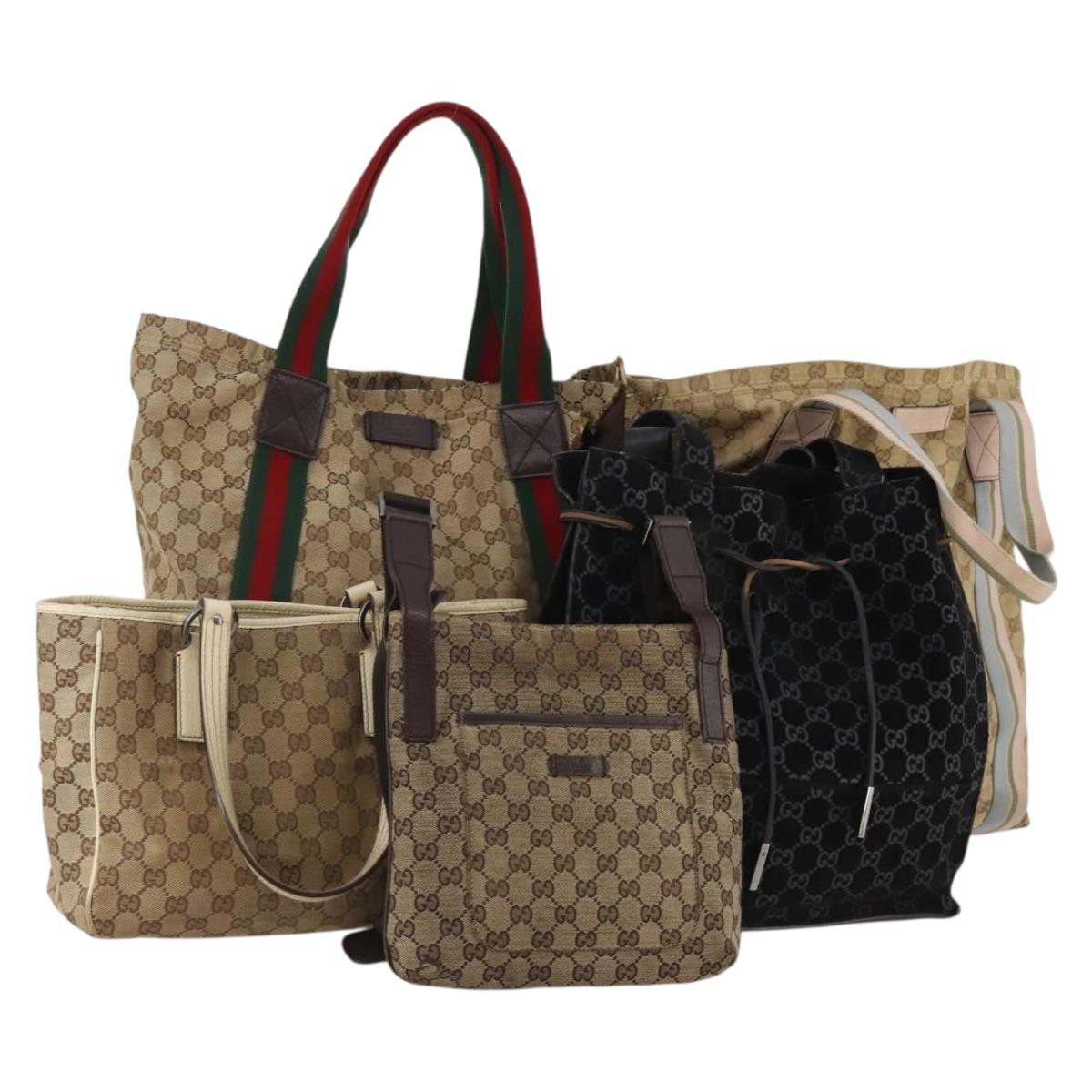 GUCCI GG Canvas Shoulder Bag Suede 5 Set Beige Black Auth 191151