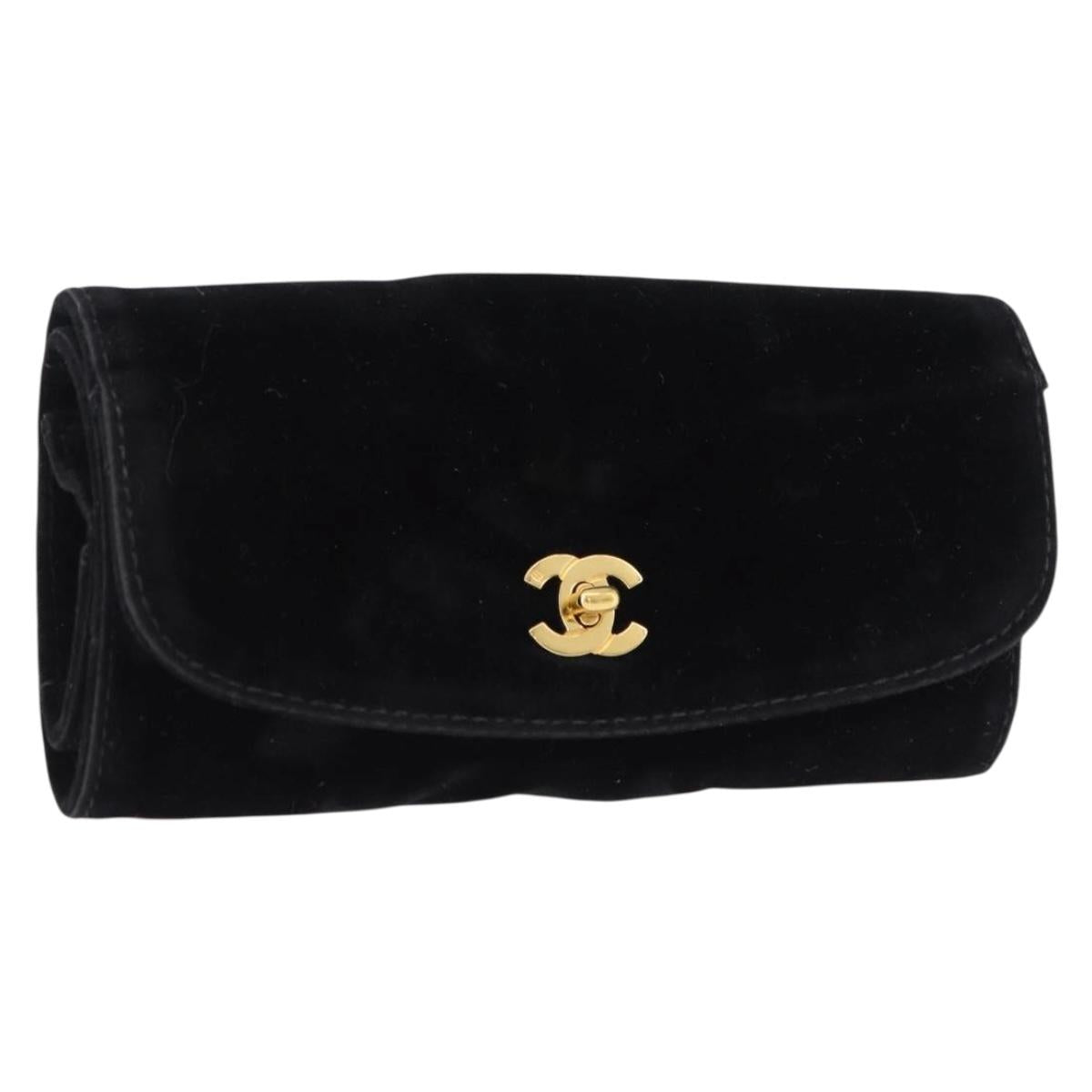 CHANEL Jewelry Case Velor Black Gold CC Auth 191156A