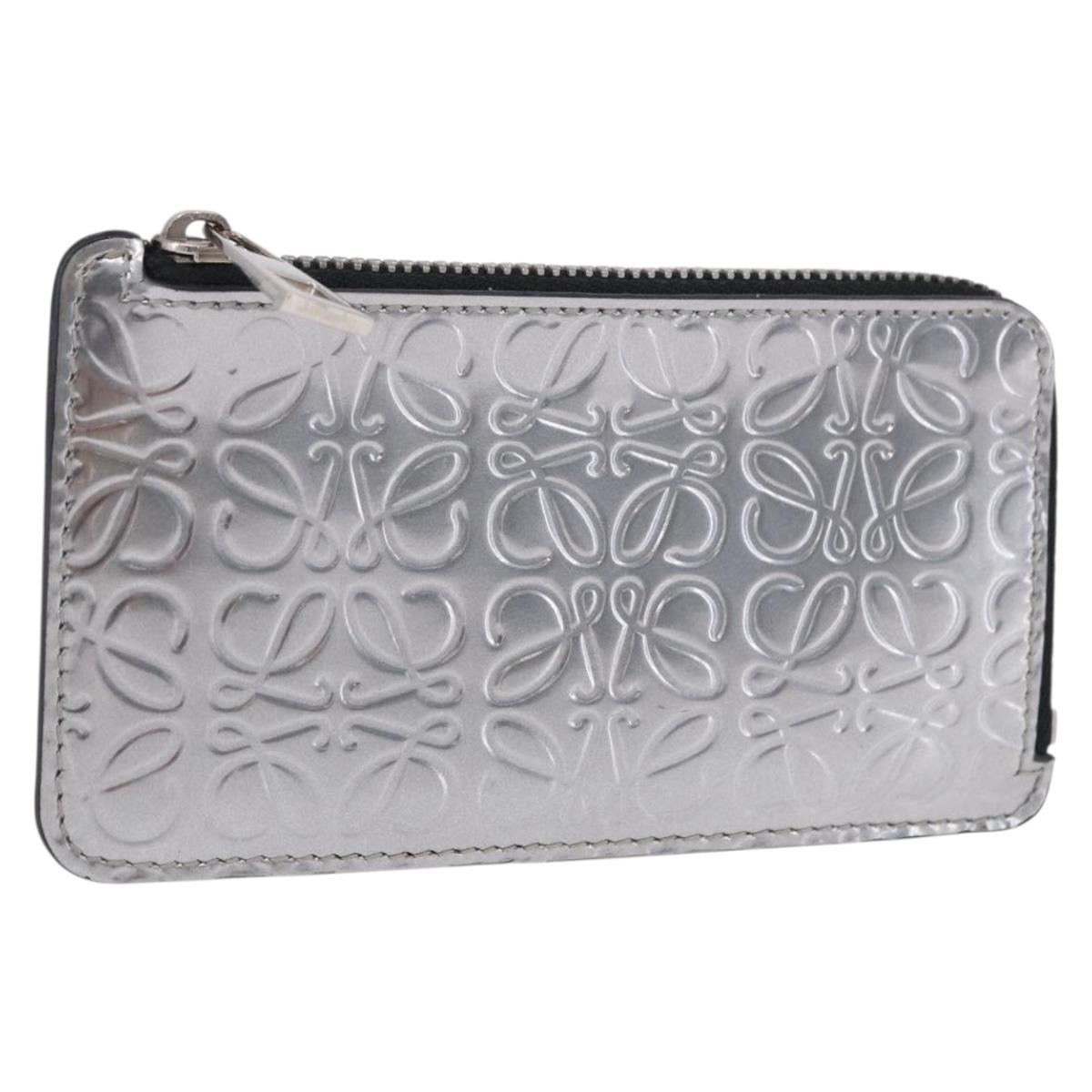 LOEWE Anagram Card Case Leather Silver Auth 191158A