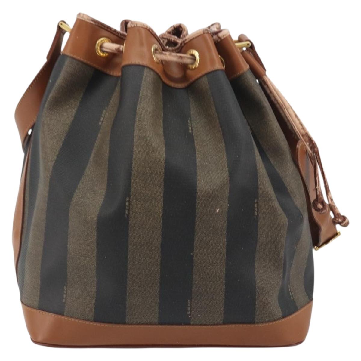 FENDI Pecan Shoulder Bag PVC Leather Black Gold Tone Auth 191181