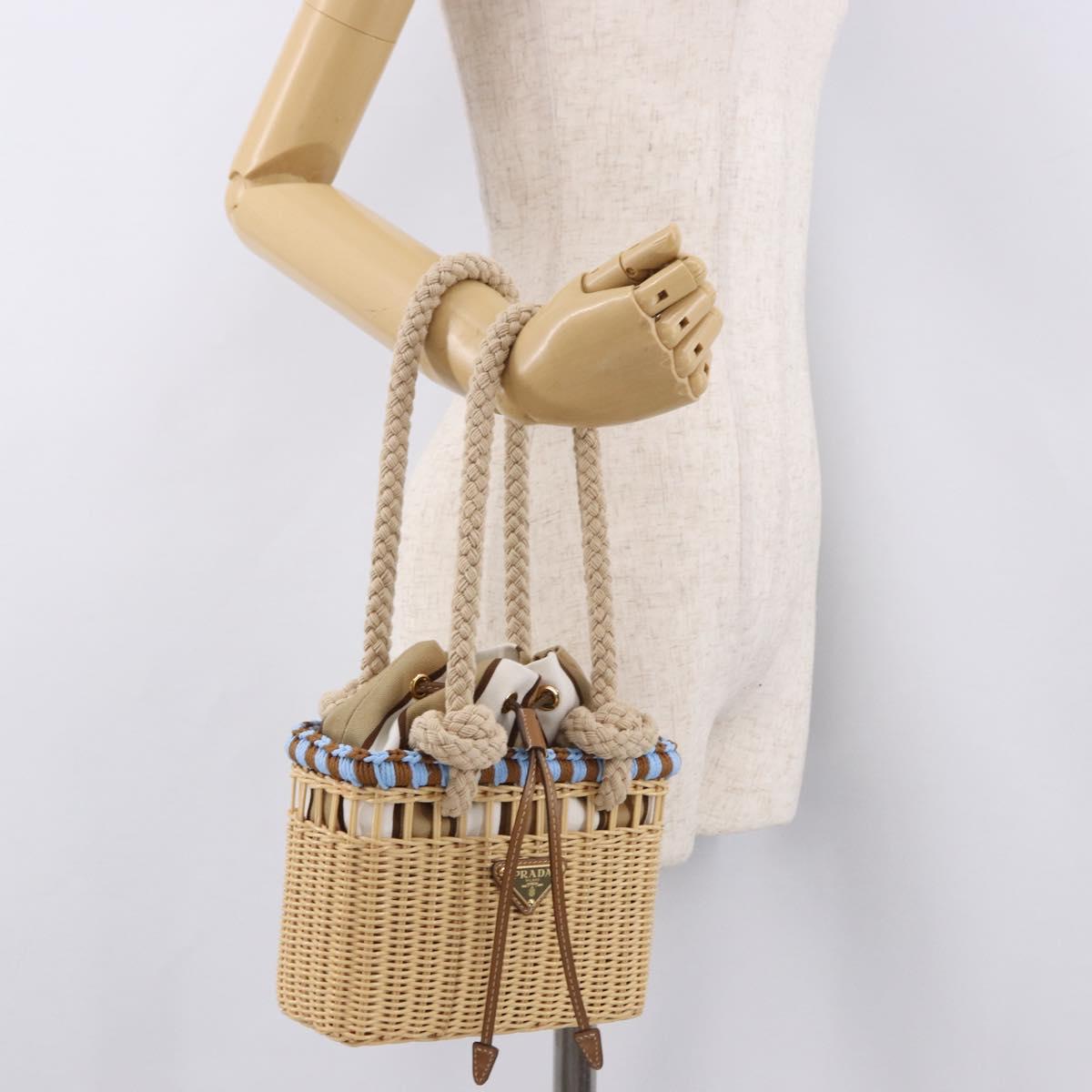 PRADA Wicker Hand Bag Rattan 2way Beige Gold Auth 191258SAM