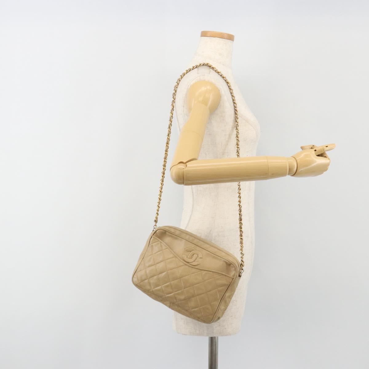 CHANEL Matelasse Chain Shoulder Bag Lamb Skin Beige Gold CC Auth 191285