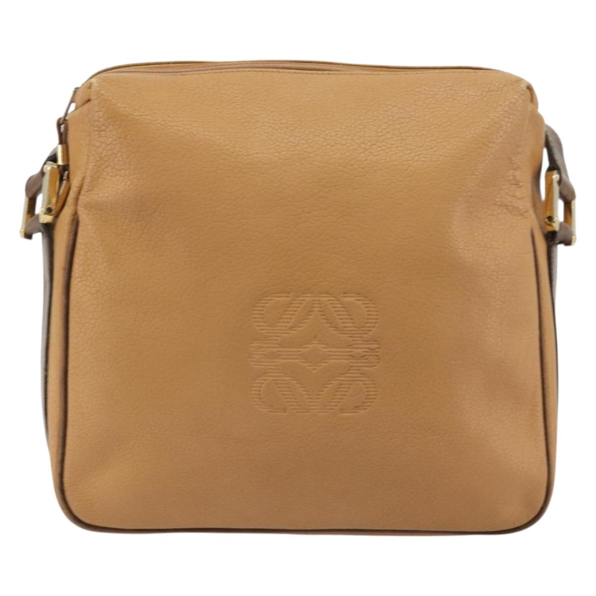 LOEWE Anagram Shoulder Bag Leather Beige Gold Auth 191290