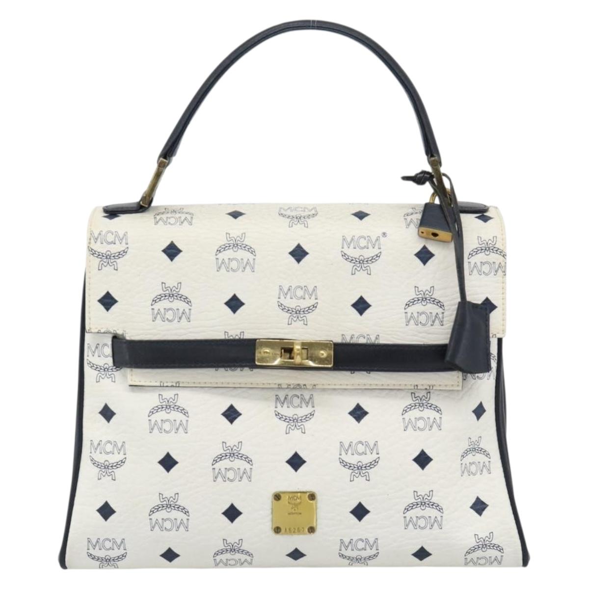 MCM Vicetos Logogram Hand Bag PVC Leather White Gold Auth 191298
