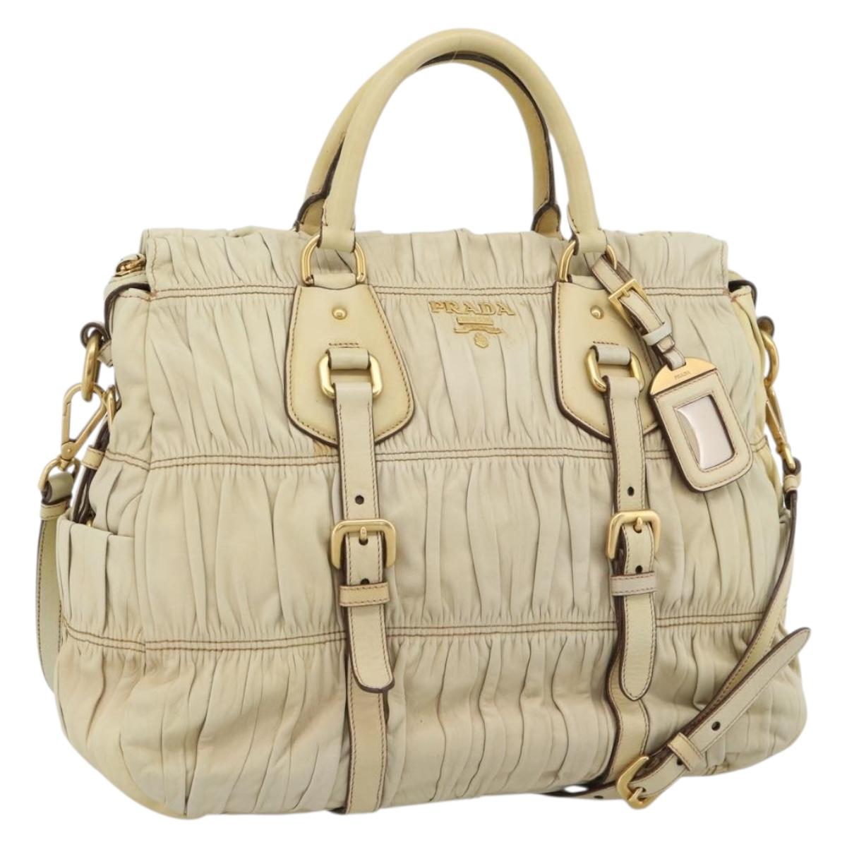 PRADA Gathered Hand Bag Leather 2way Ivory Gold Auth 191302A
