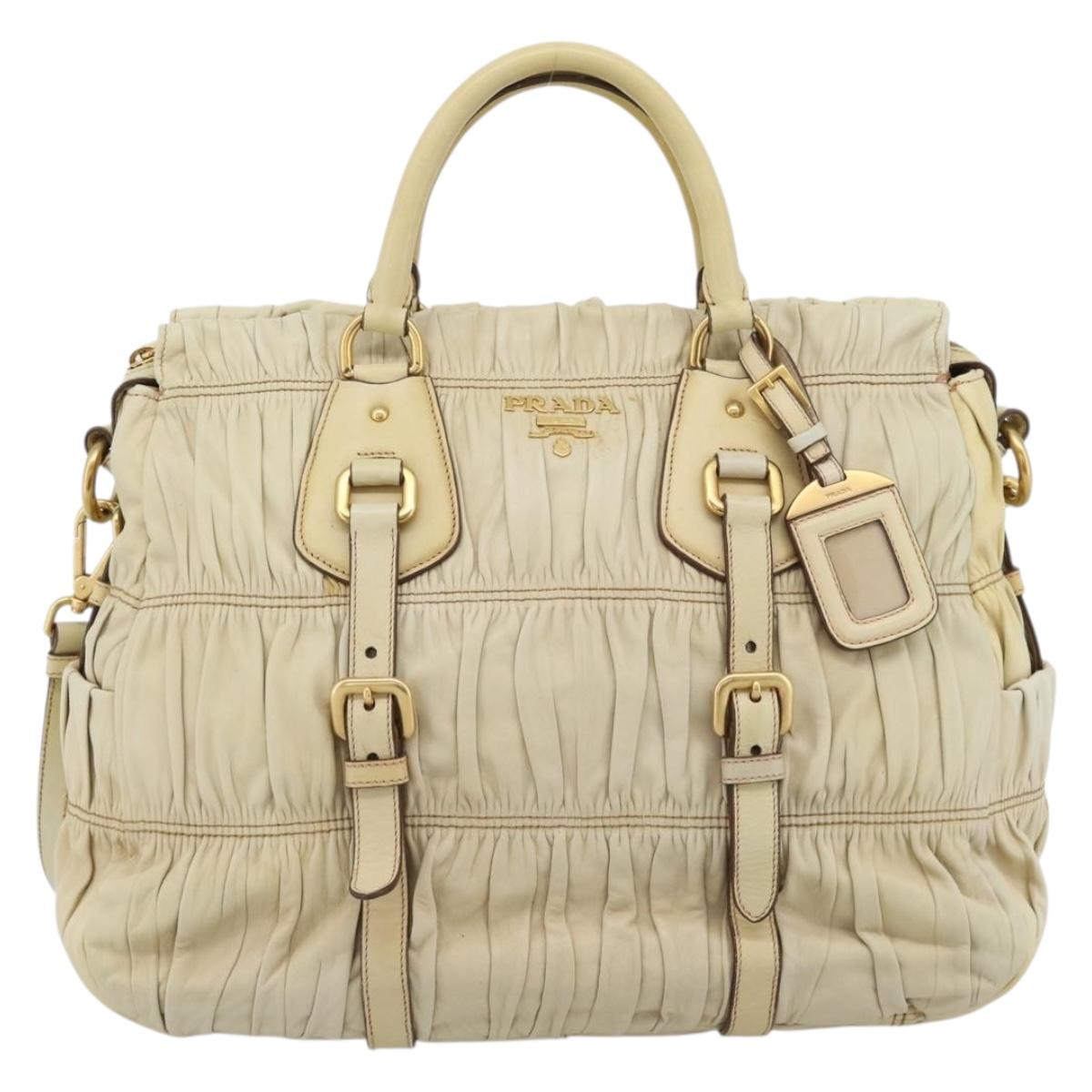 PRADA Gathered Hand Bag Leather 2way Ivory Gold Auth 191302A