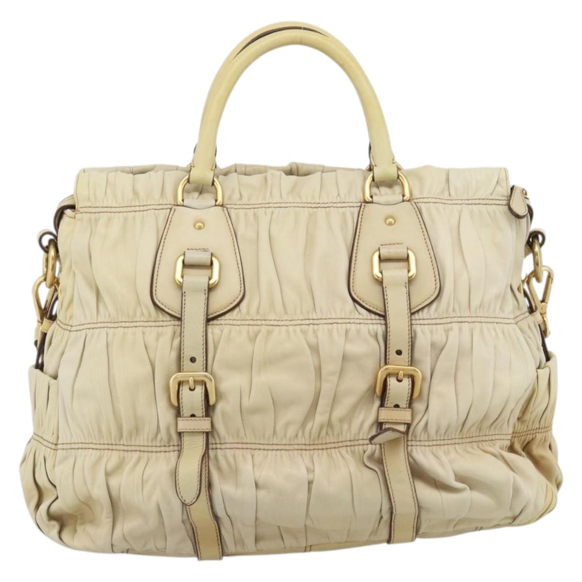 PRADA Gathered Hand Bag Leather 2way Ivory Gold Auth 191302A