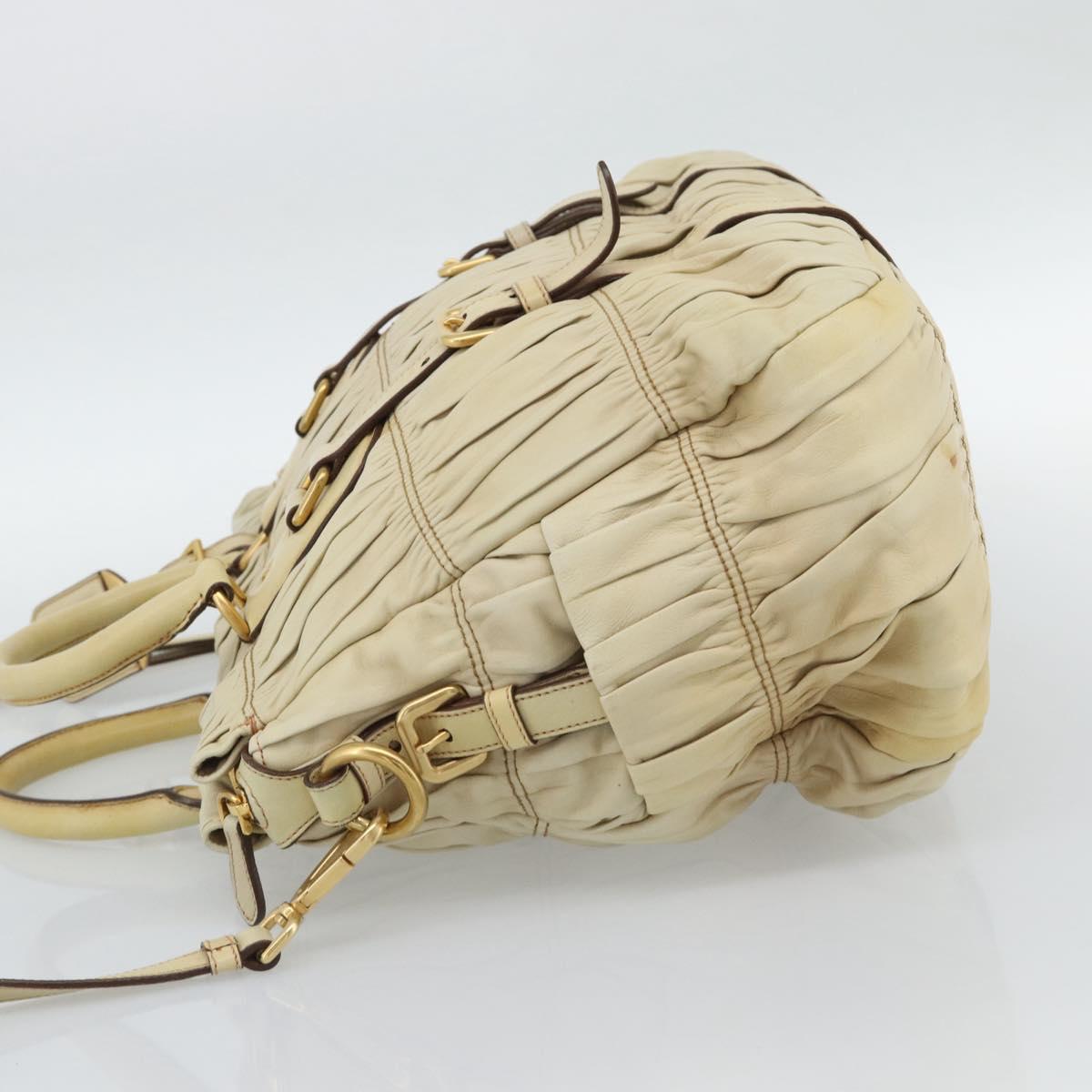 PRADA Gathered Hand Bag Leather 2way Ivory Gold Auth 191302A