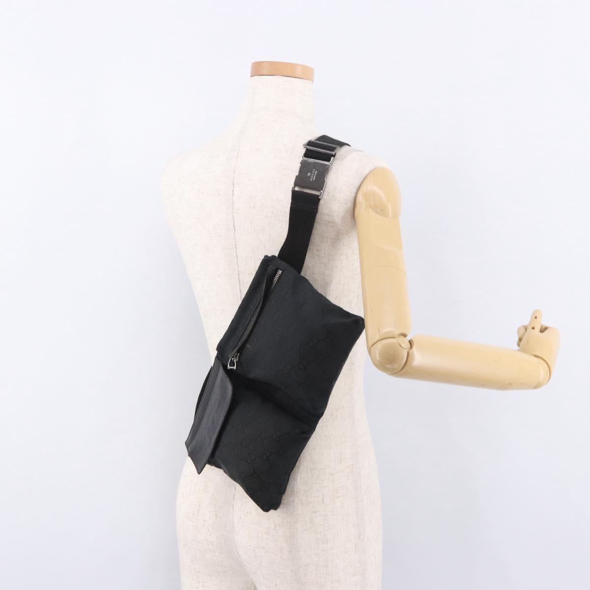 GUCCI GG Canvas Waist Bag Black Silver 28566 Auth 191304