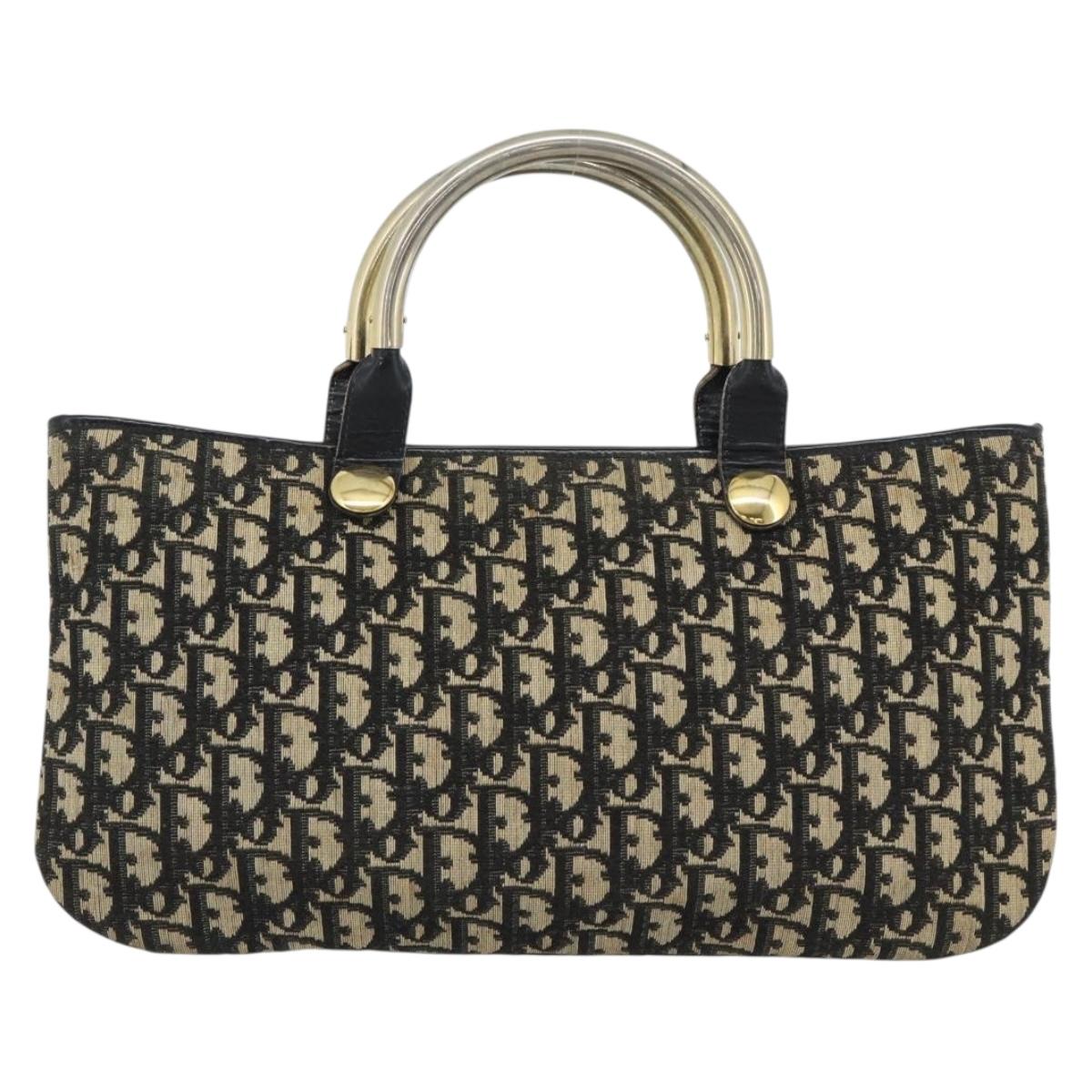 Christian Dior Trotter Canvas Hand Bag Navy Gold Auth 191312