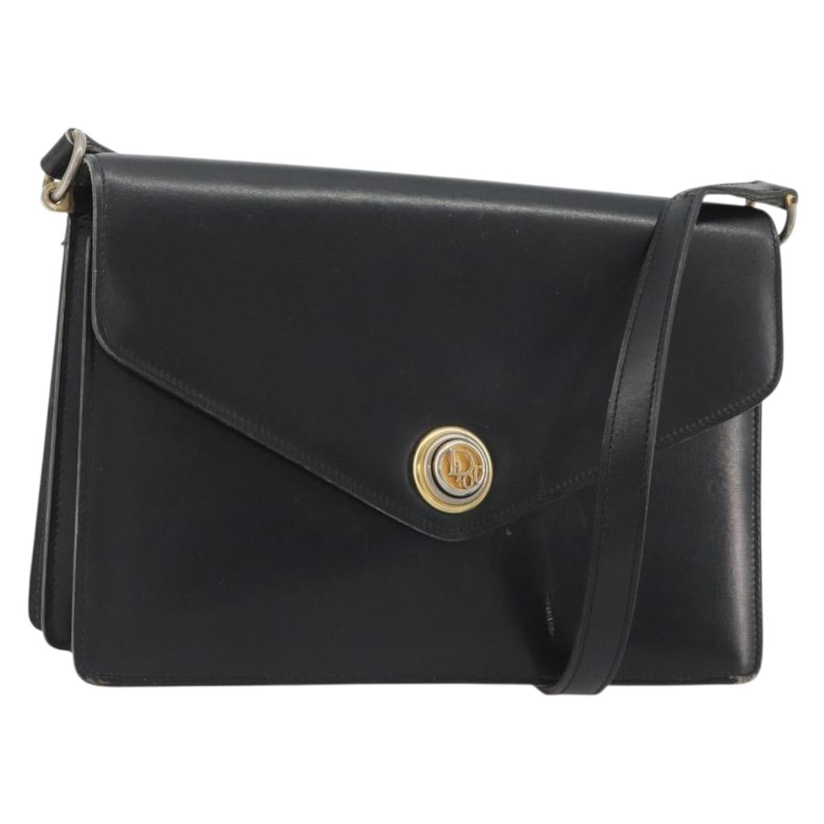 Christian Dior Shoulder Bag Leather Black Gold Auth 191320