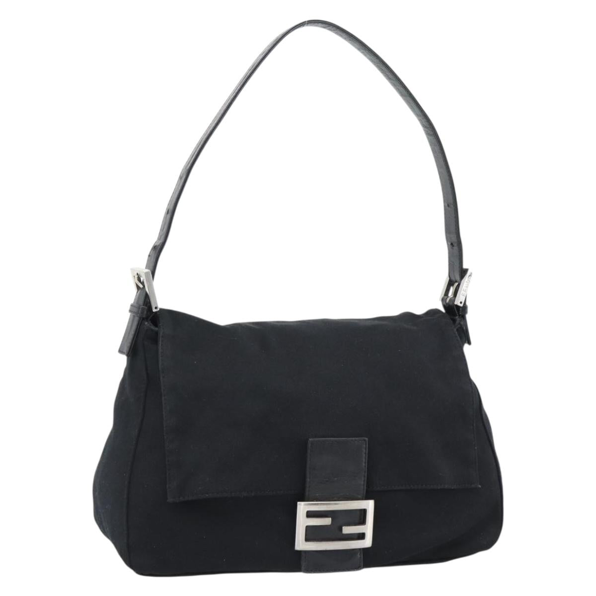 FENDI Mamma Baguette Shoulder Bag Cotton Jersey Black Silver Auth 191327