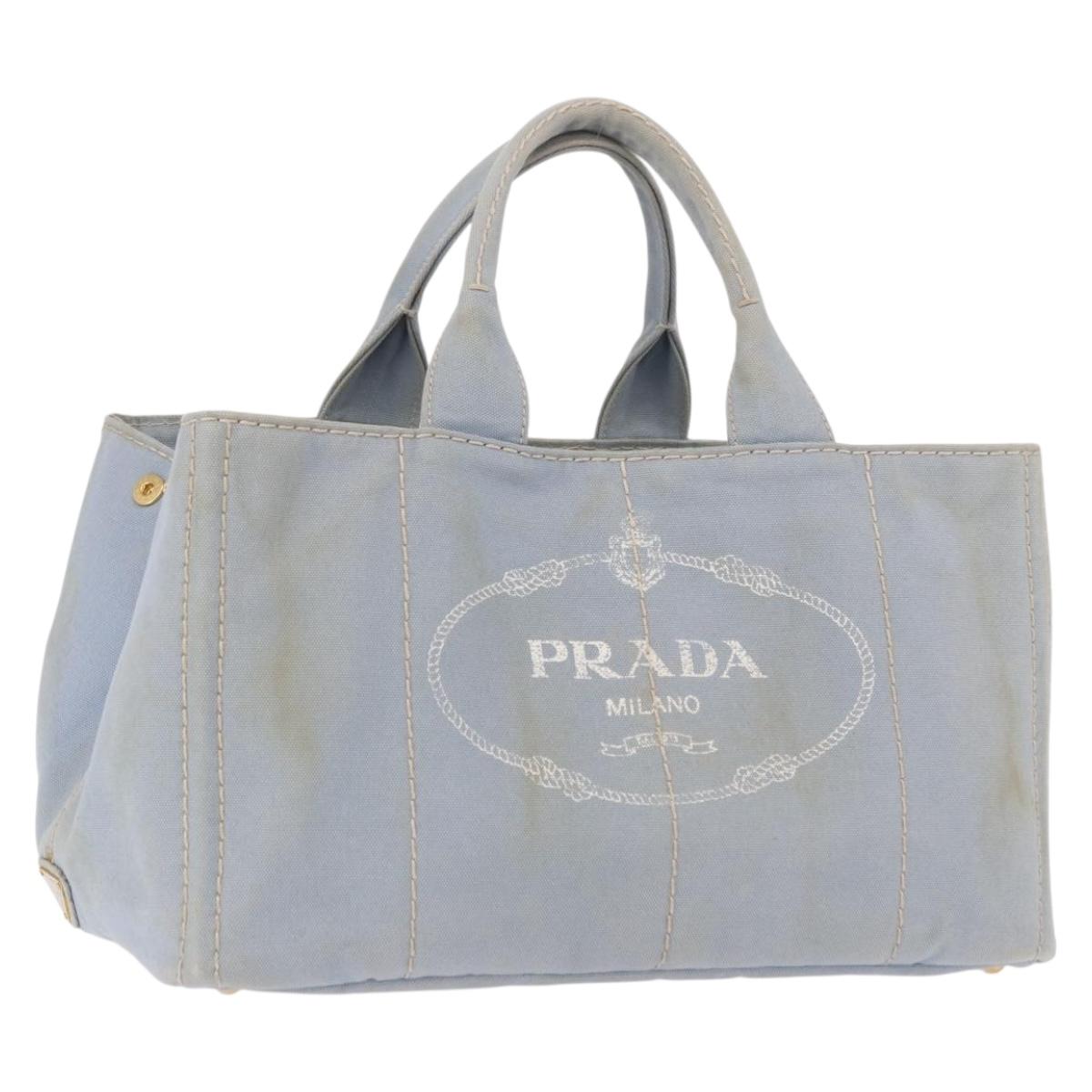 PRADA Canapa MM Hand Bag Canvas Light Blue Gold Auth 191363