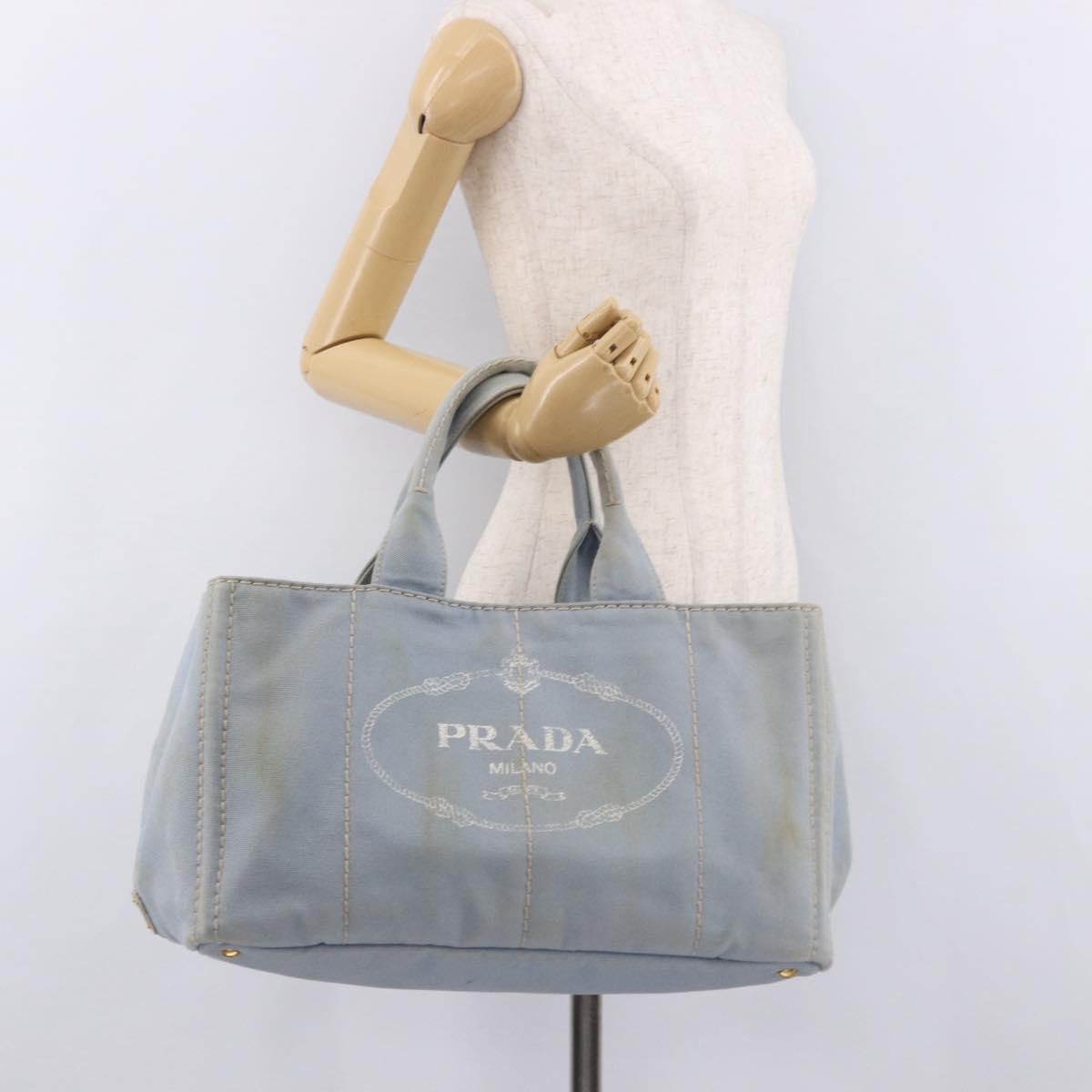 PRADA Canapa MM Hand Bag Canvas Light Blue Gold Auth 191363