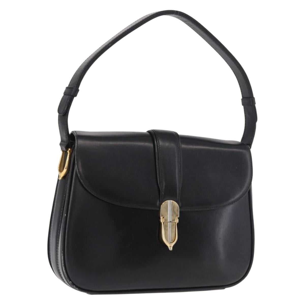 GUCCI Shoulder Bag Leather Black Gold Auth 191364