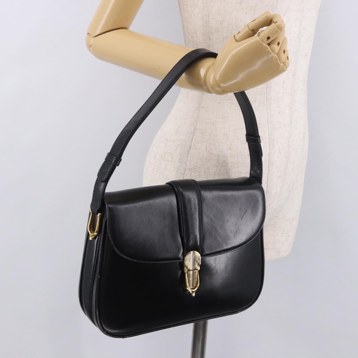 GUCCI Shoulder Bag Leather Black Gold Auth 191364