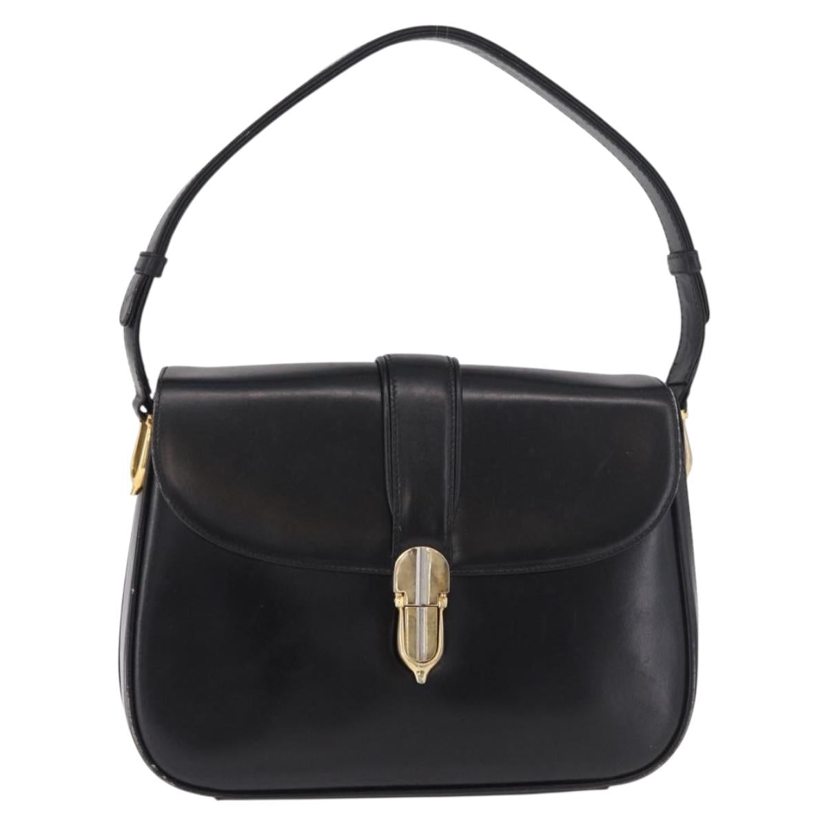 GUCCI Shoulder Bag Leather Black Gold Auth 191364
