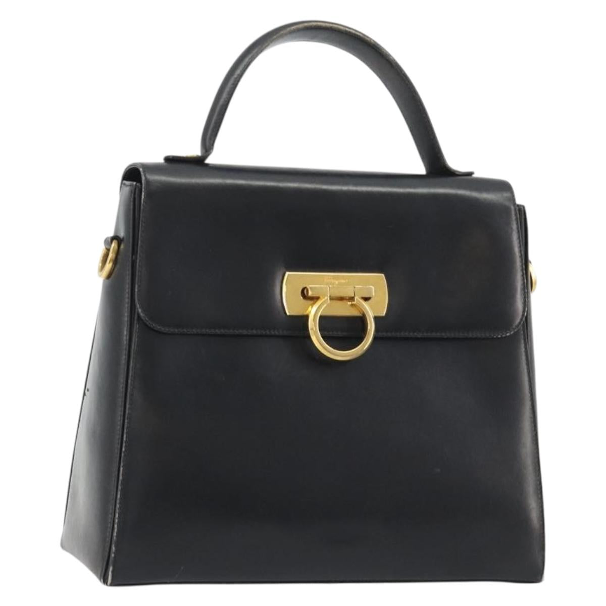 Salvatore Ferragamo Gancini Hand Bag Leather Black Gold Auth 191365