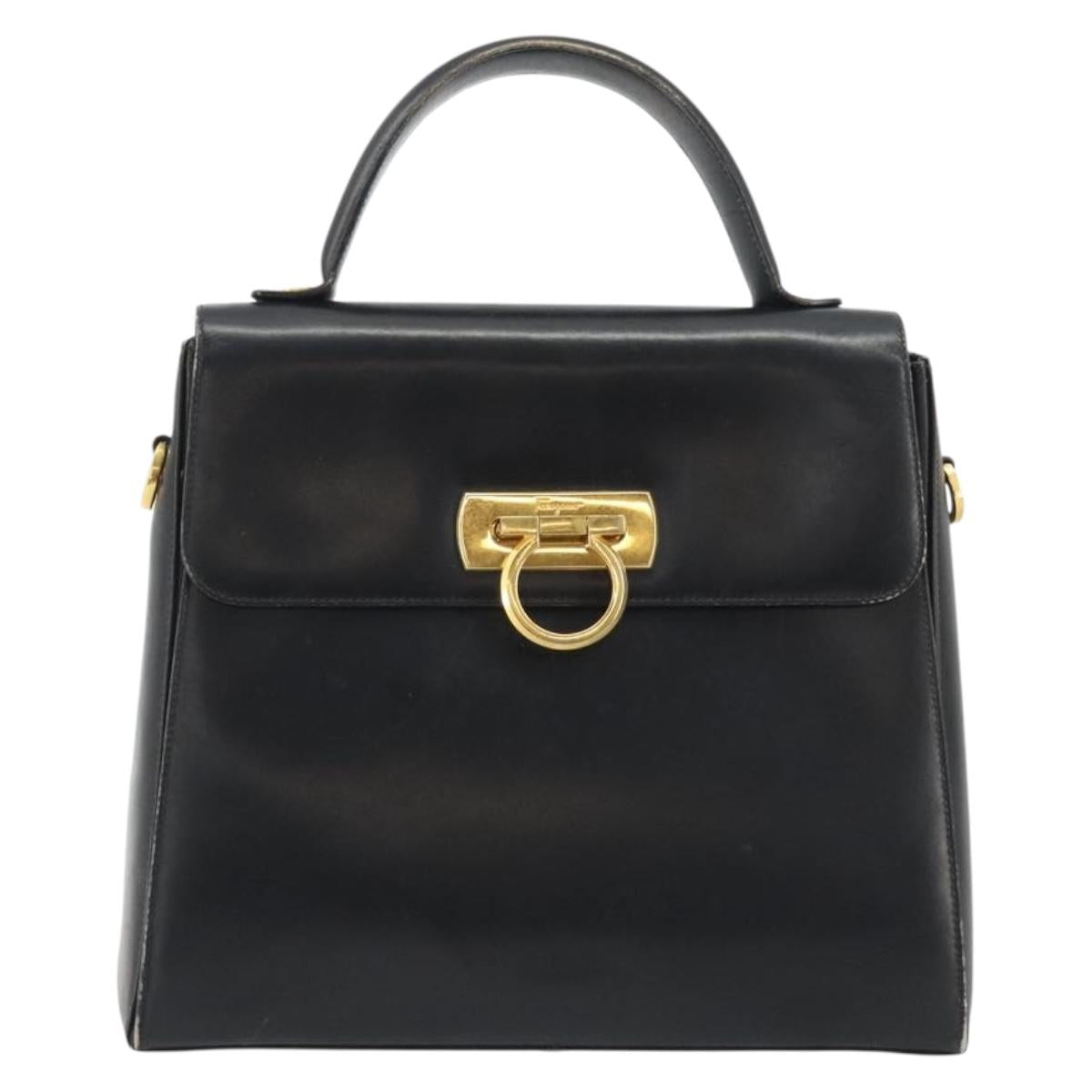 Salvatore Ferragamo Gancini Hand Bag Leather Black Gold Auth 191365