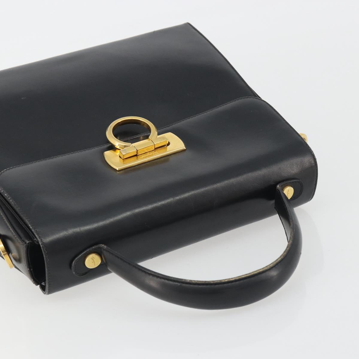 Salvatore Ferragamo Gancini Hand Bag Leather Black Gold Auth 191365
