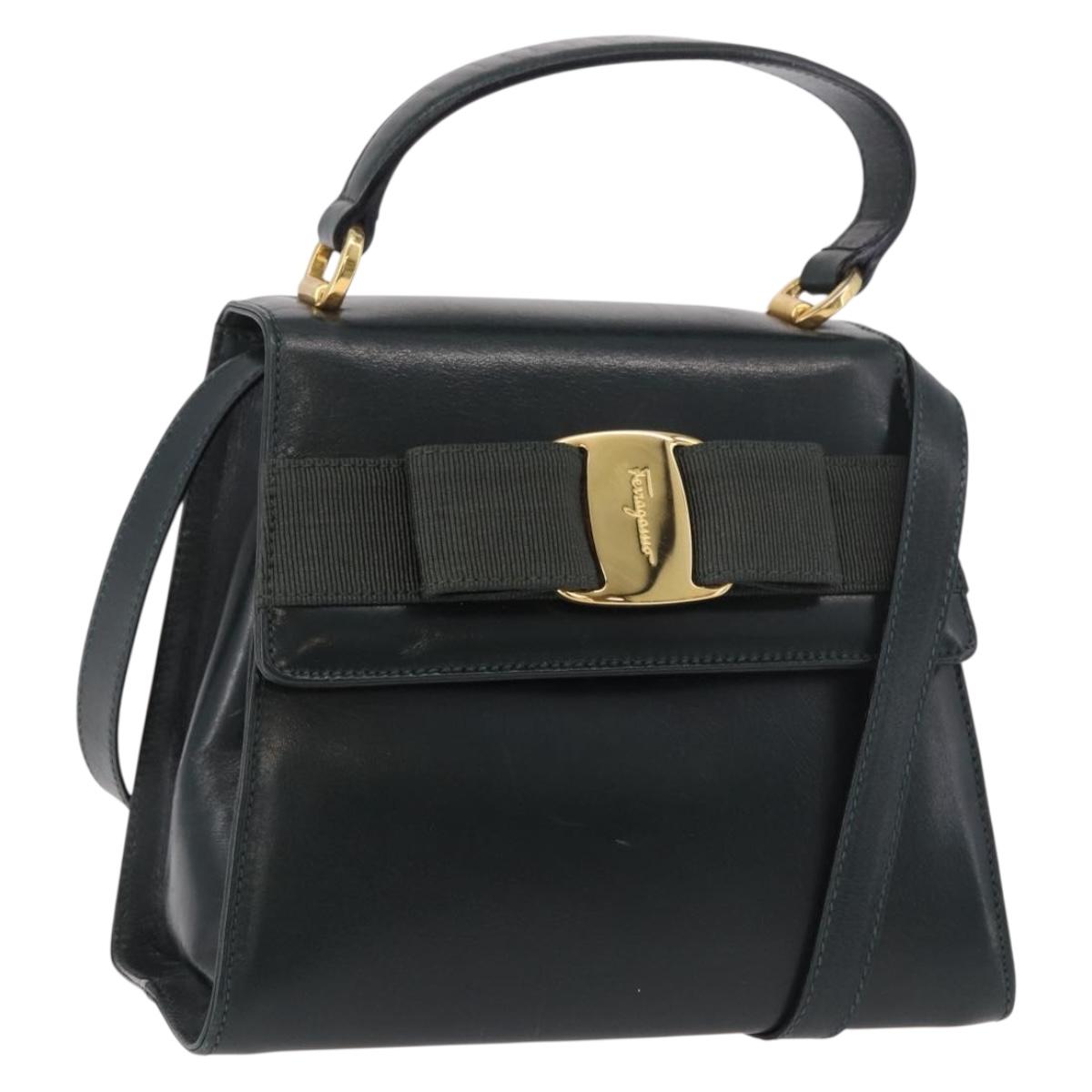 Salvatore Ferragamo Vala Hand Bag Leather 2way Green Gold Auth 191369A