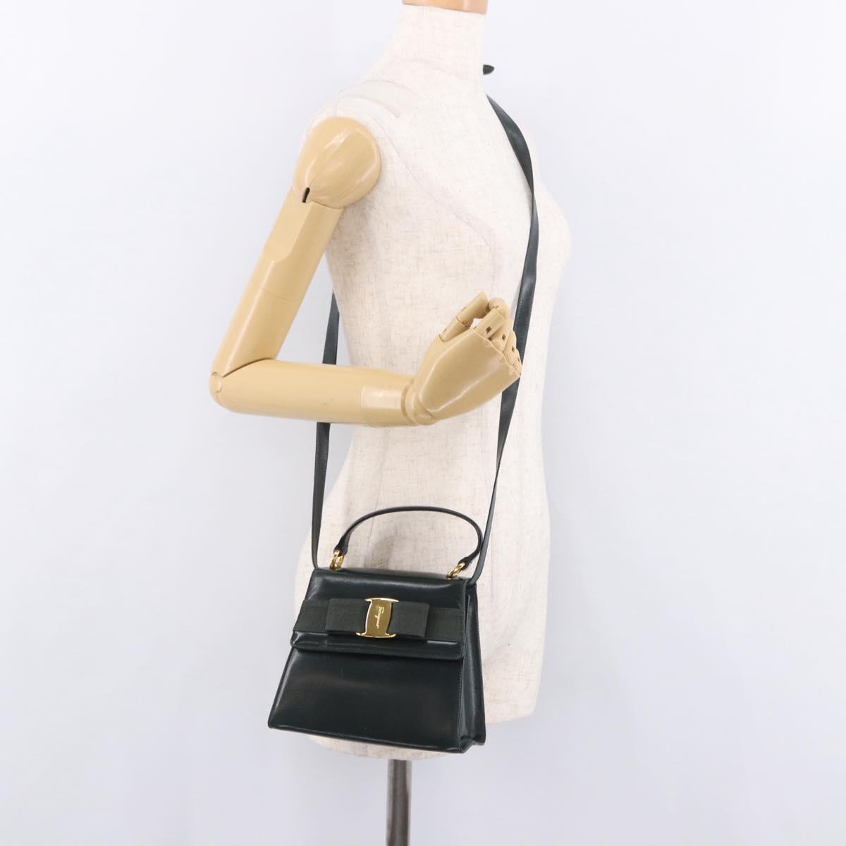 Salvatore Ferragamo Vala Hand Bag Leather 2way Green Gold Auth 191369A