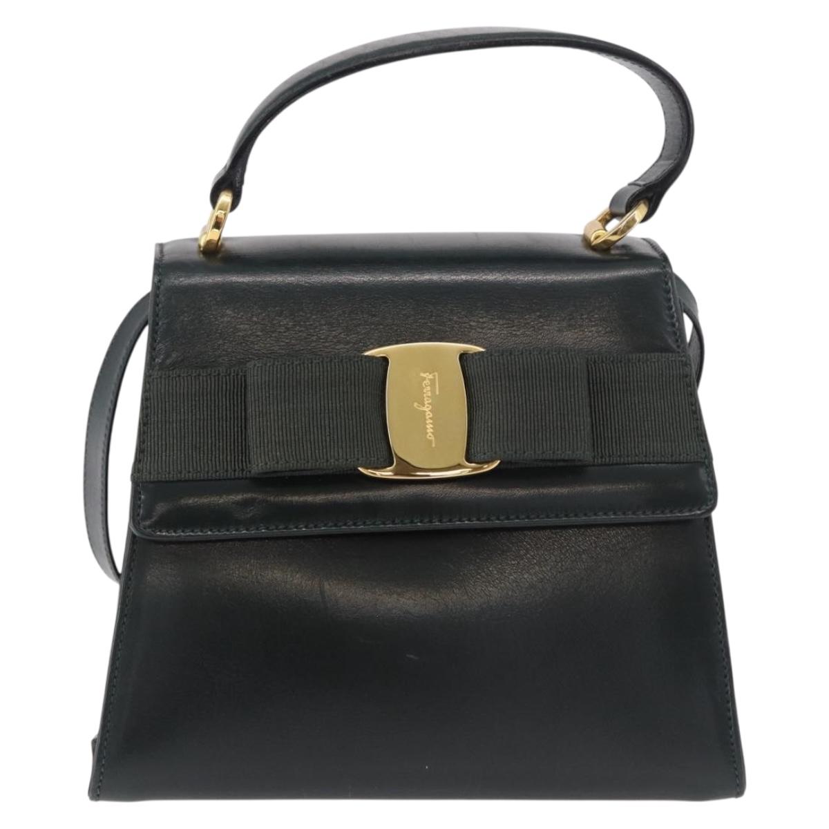 Salvatore Ferragamo Vala Hand Bag Leather 2way Green Gold Auth 191369A
