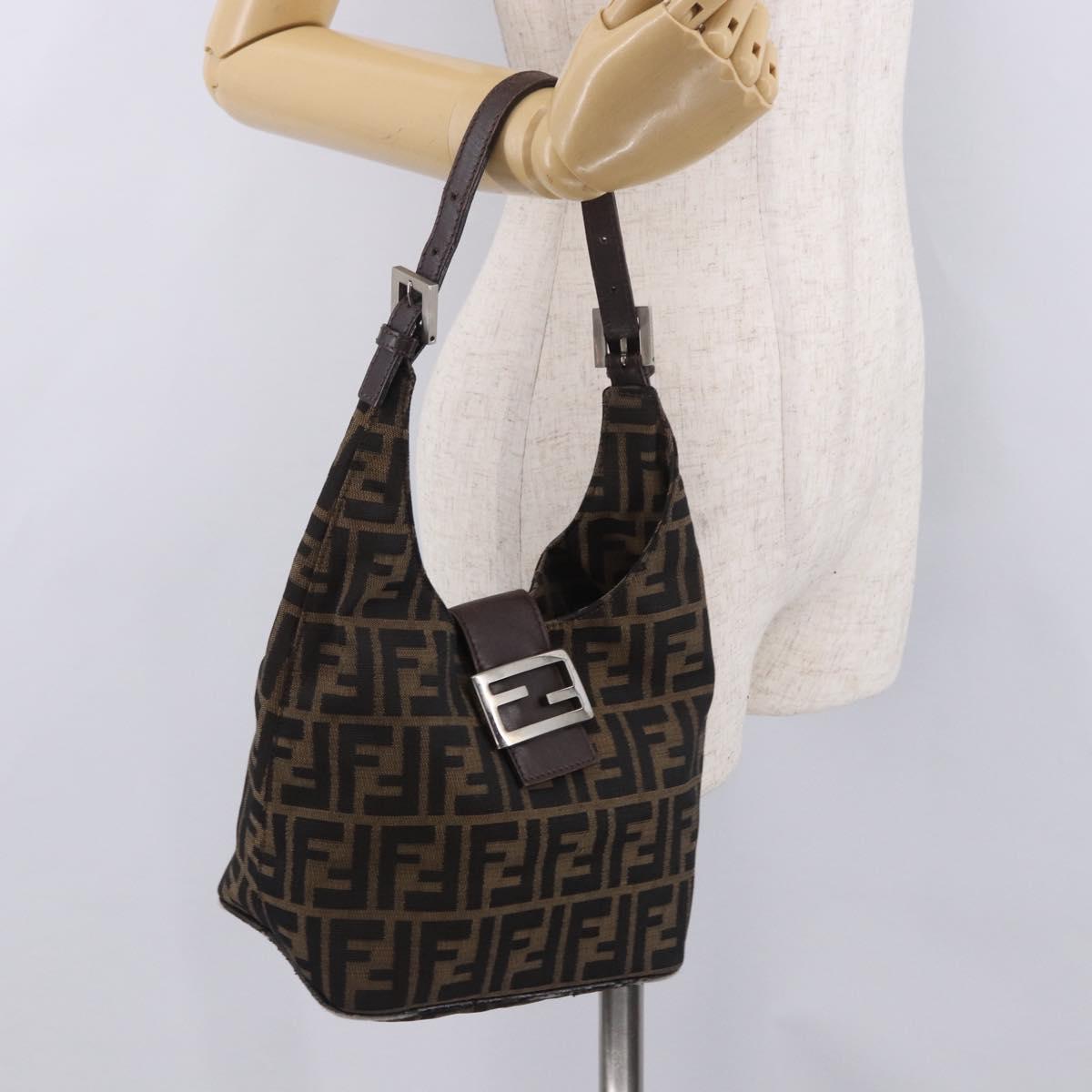 FENDI Zucca Canvas Mamma Baguette Shoulder Bag Brown Black Auth 191375