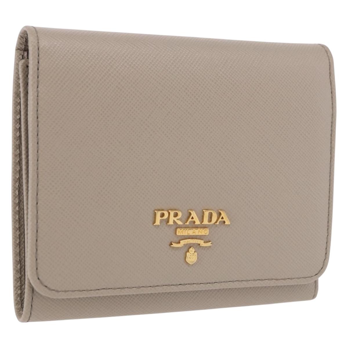 PRADA Compact Wallet Safiano Leather Gray Gold Auth 191383V