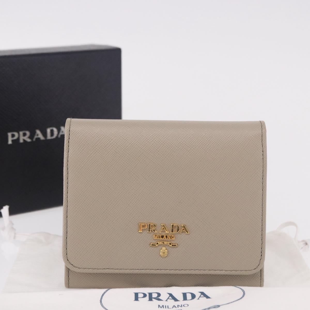 PRADA Compact Wallet Safiano Leather Gray Gold Auth 191383V
