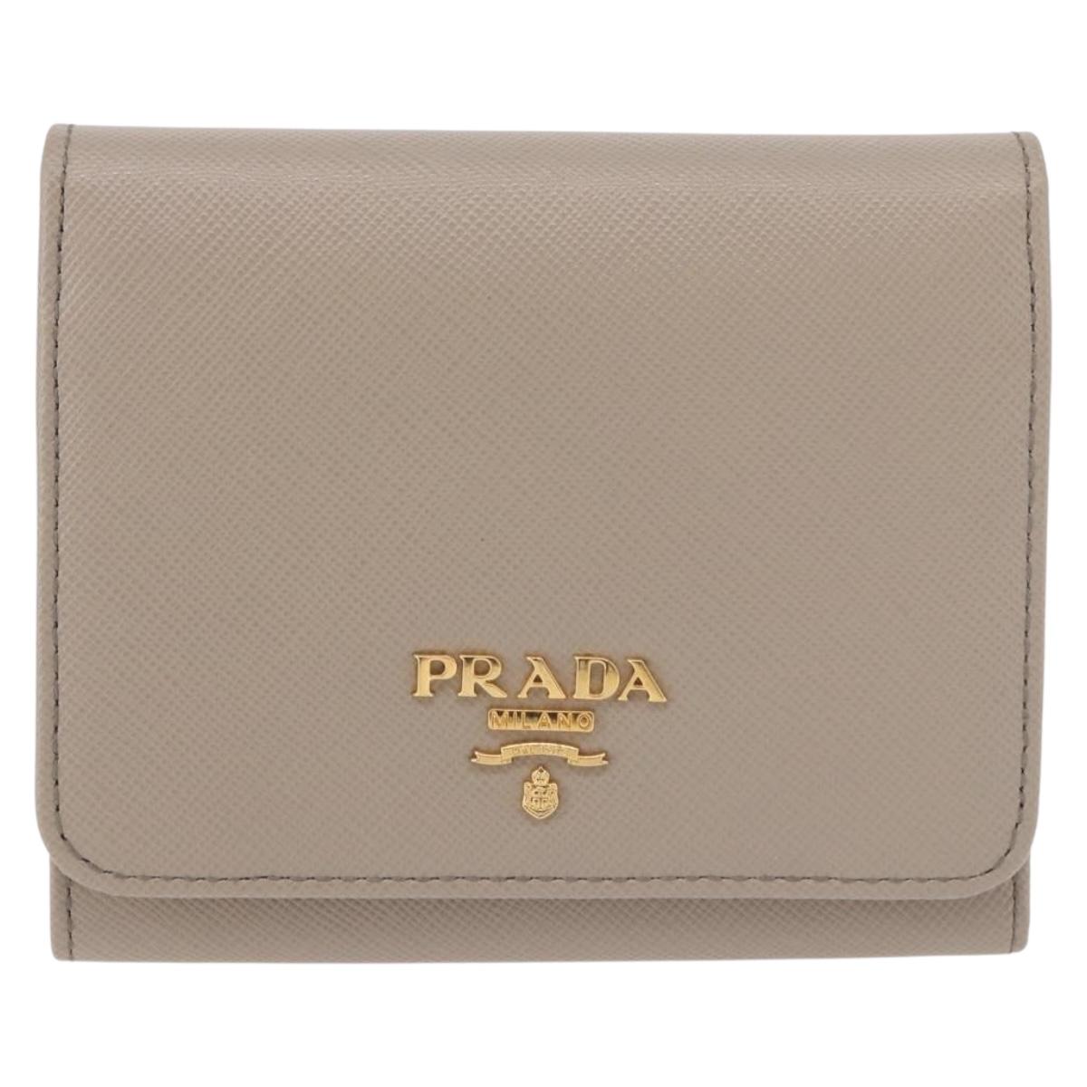 PRADA Compact Wallet Safiano Leather Gray Gold Auth 191383V