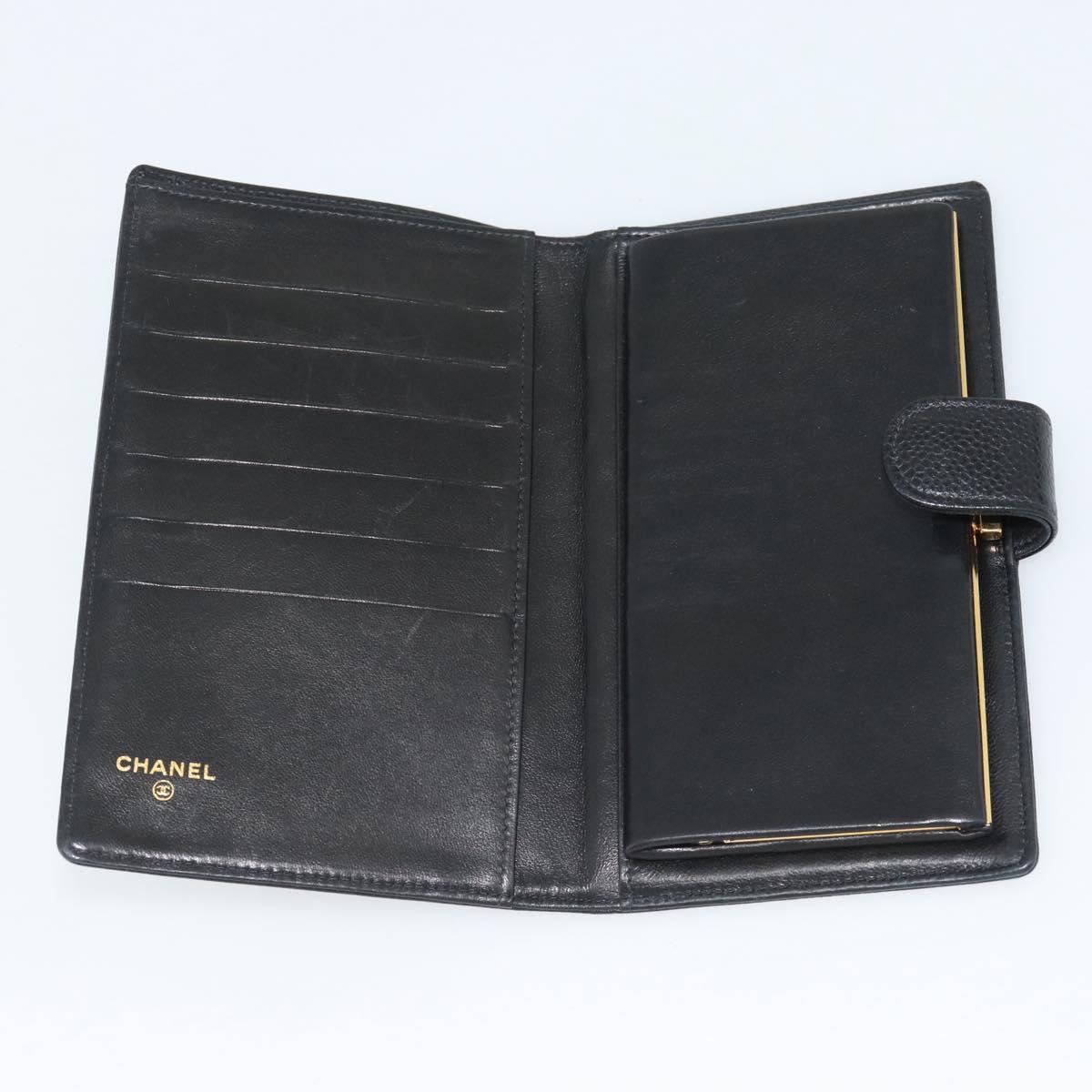 CHANEL COCO Mark Long Wallet Caviar Skin Black Gold CC Auth 191387V