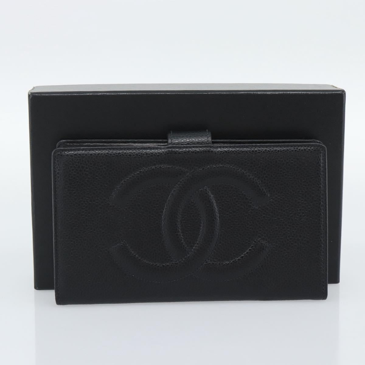 CHANEL COCO Mark Long Wallet Caviar Skin Black Gold CC Auth 191387V