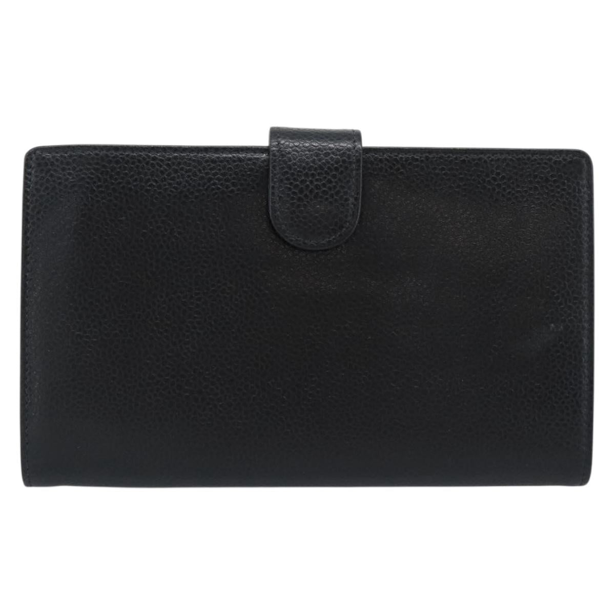 CHANEL COCO Mark Long Wallet Caviar Skin Black Gold CC Auth 191387V